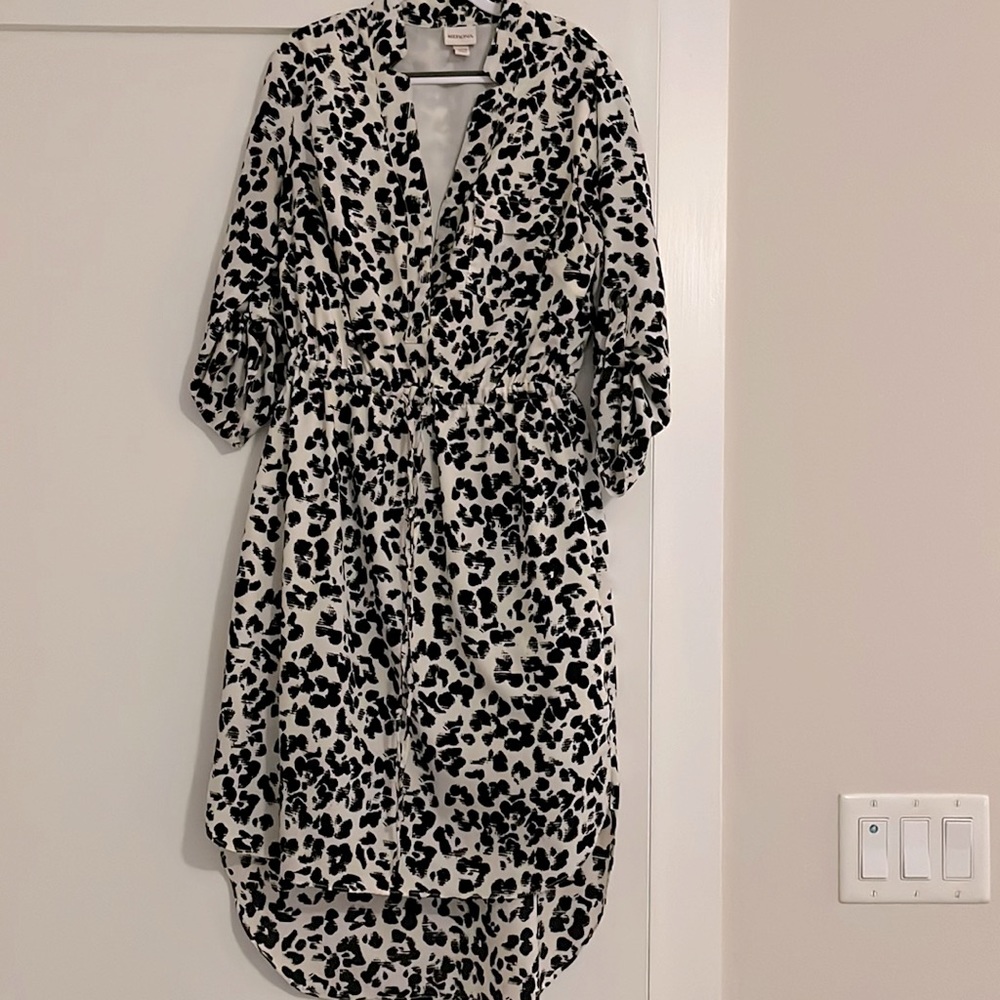 Dalmatian spotted shirt dress with drop length skirt in back. Cinched sleeves